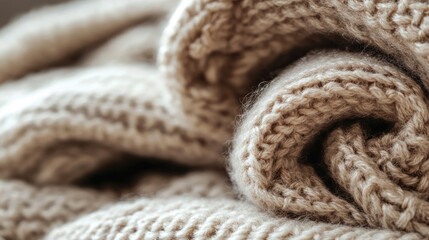Textured close-up of rolled warm knitted beige wool blanket with soft fibers and copy space for text