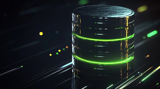 A conceptual 3D stacked column chart with metallic textures and glowing neon green edges