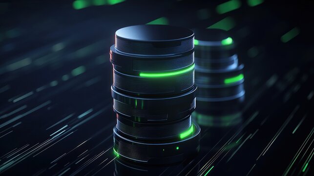 A conceptual 3D stacked column chart with metallic textures and glowing neon green edges