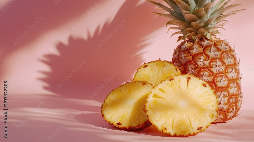 Aufkleber fresh pineapple with sliced segments on pink background and soft shadows copy space