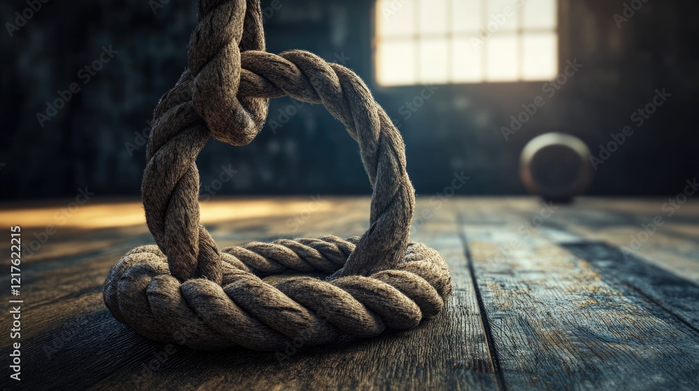 Aufkleber rope noose tied in a loop on wooden floor with dimly lit background and window copy space