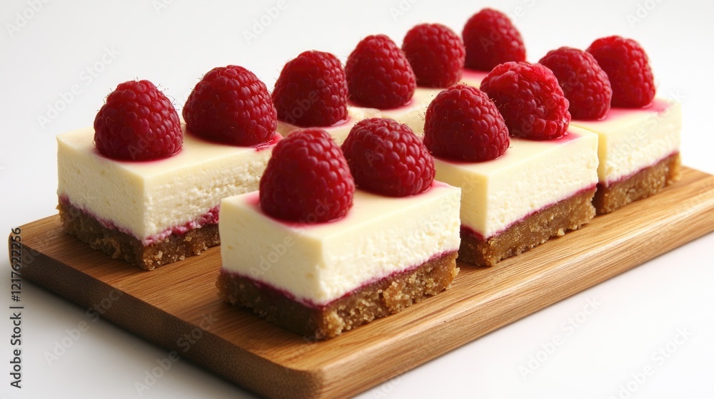 Poster raspberry cheesecake squares on a wooden serving board with copy space for text