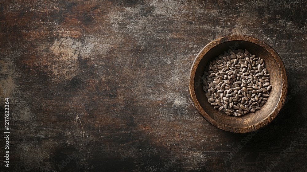 Poster sunflower seeds in a wooden bowl on a rustic textured background with copy space for graphics or tex