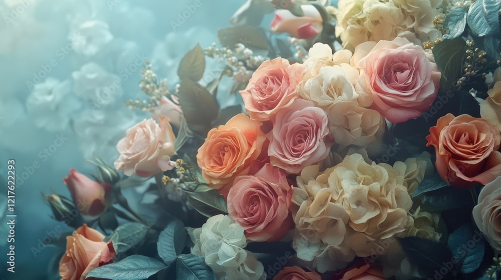 Poster soft-focus arrangement of pink and cream roses with greenery in a misty background and ample copy sp