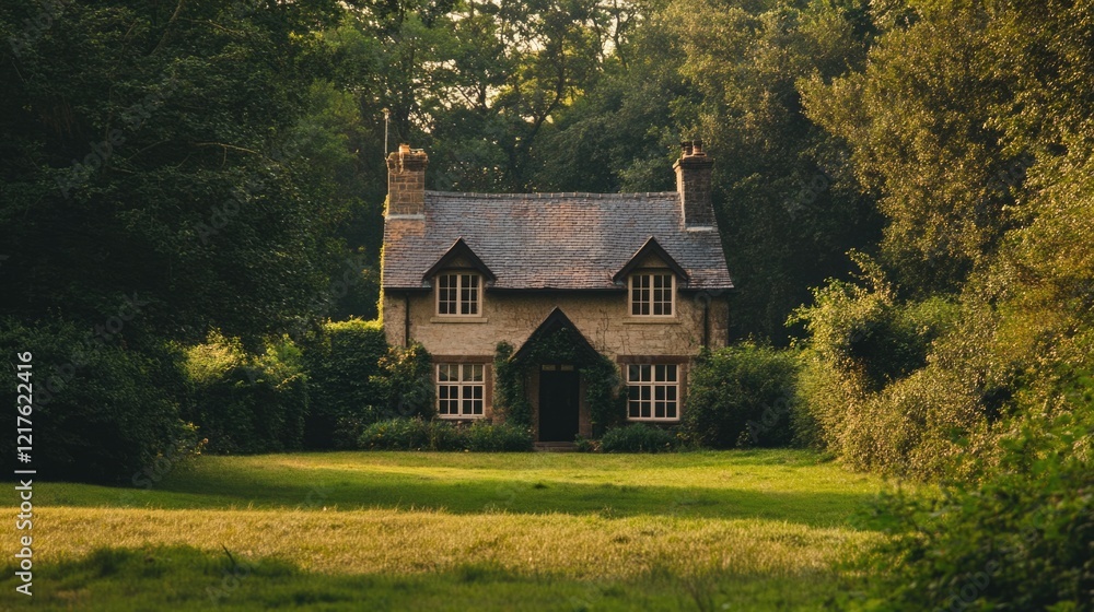 Aufkleber charming old cottage nestled in lush greenery surrounded by trees with ample copy space for text pla