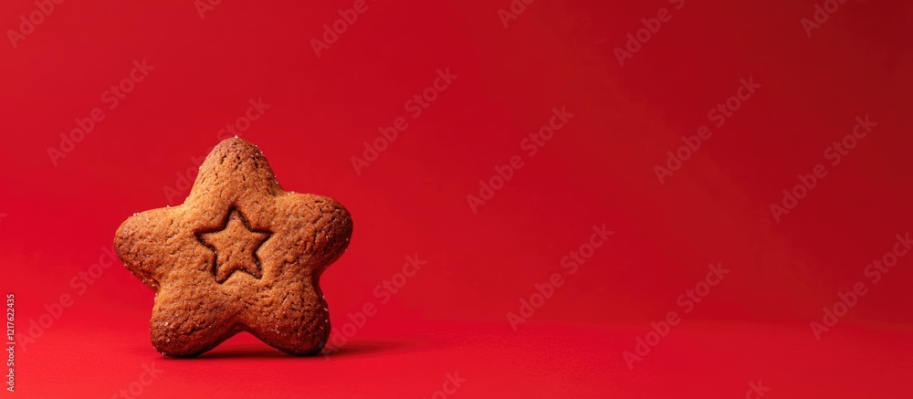 Poster star-shaped gingerbread cookie on a vibrant red background with ample copy space for text placement