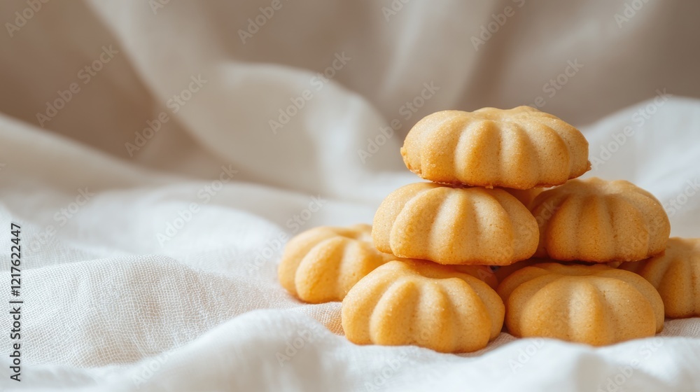 Aufkleber delicate stack of golden cookies on soft textured fabric with subtle lighting and copy space for tex