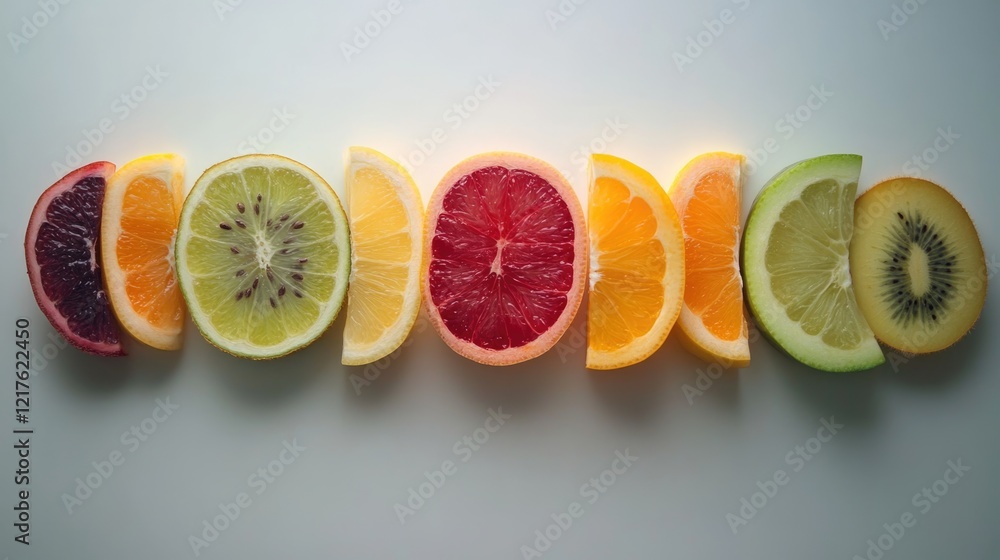 Poster sliced fresh fruits including grapefruit lemon orange kiwi and lime arranged in a row on a light bac