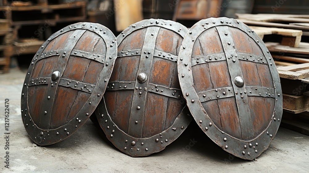 Poster three vintage wooden shields with metal fittings arranged in a row on a workshop floor with neutral 