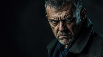 Obraz premium Portrait of a stern middle-aged man with intense expression and rugged appearance against a dark background Copy Space