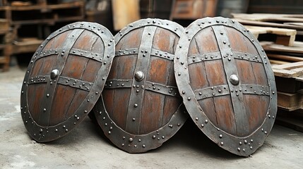 Naklejka premium Three vintage wooden shields with metal fittings arranged in a row on a workshop floor with neutral background and Copy Space.