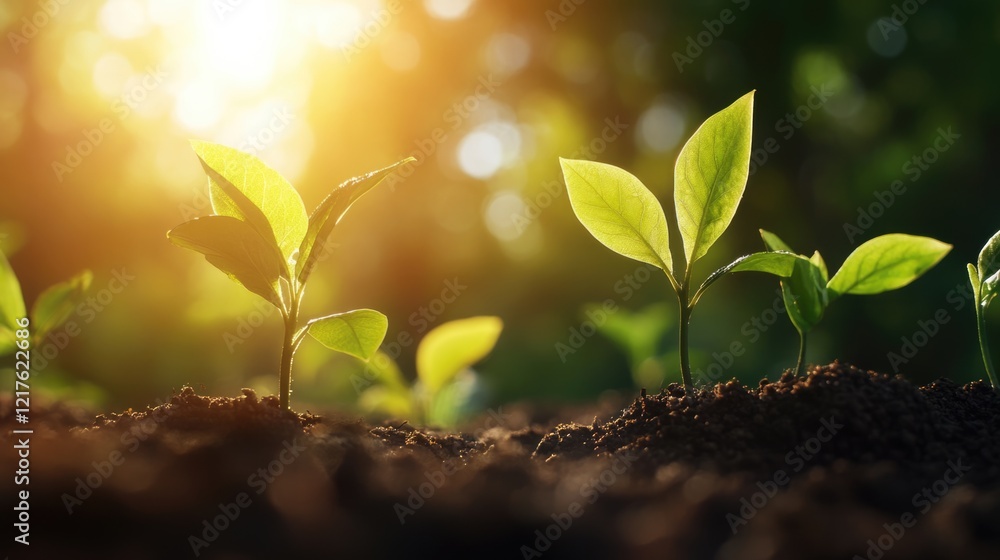 Poster new green seedlings emerging from rich dark soil with soft sunlight filtering through trees in the b