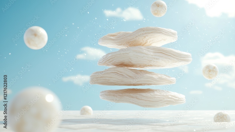 Poster floating textures and minimalistic layers in clear sky environment 3d digital art with soft details