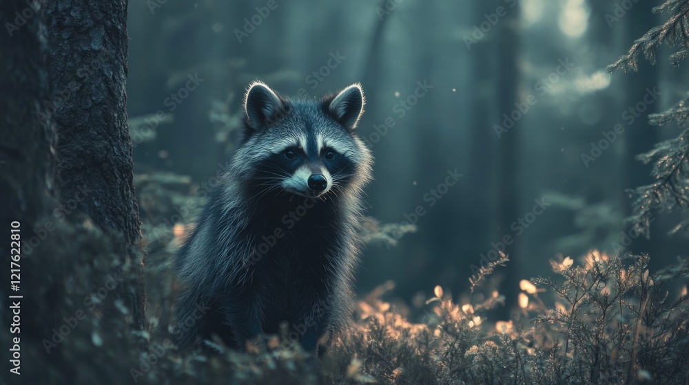 Poster raccoon in a misty forest setting with soft lighting and blurred background featuring foliage and tr