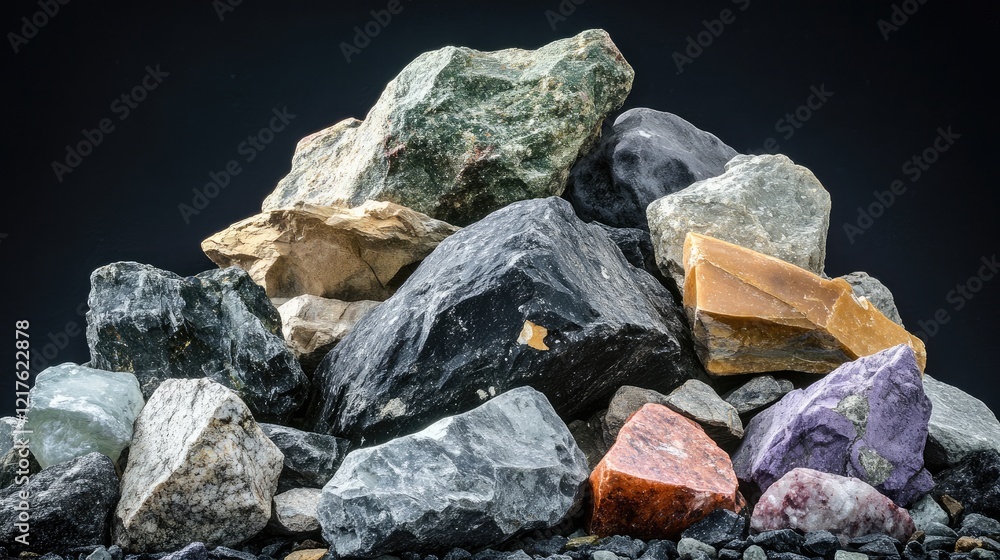 Poster colorful pile of assorted gemstones and minerals on black background with copy space for text placem