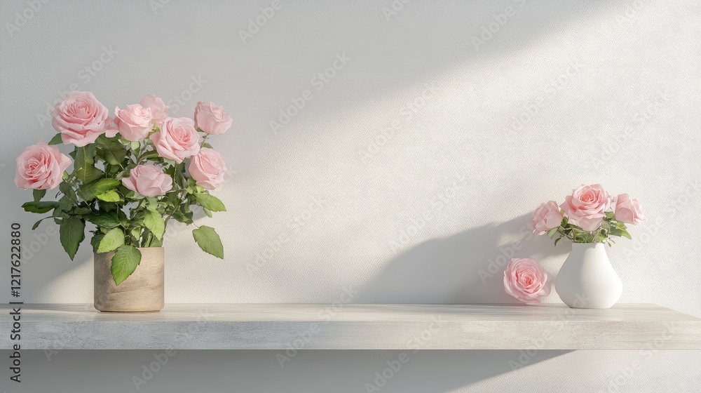 Aufkleber roses in decorative vases on a shelf against a light wall with soft shadows and copy space for text 