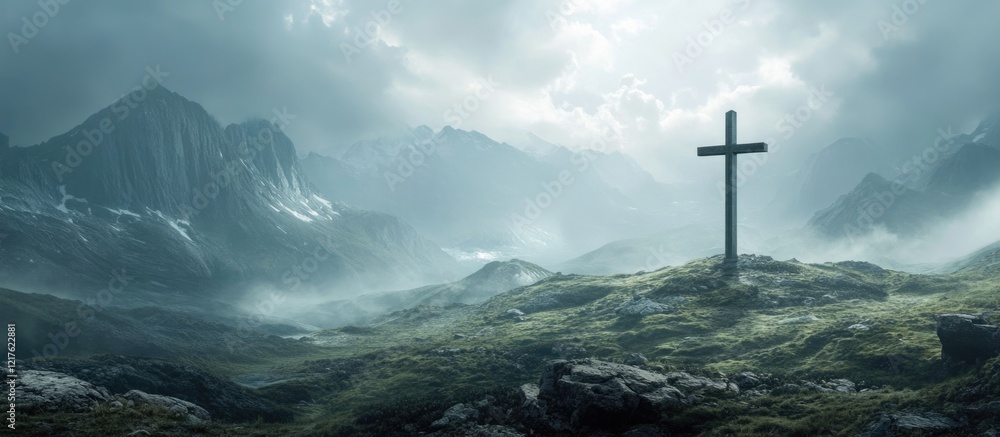 Poster misty landscape with a cross on a hill surrounded by mountains and cloudy sky with copy space for te