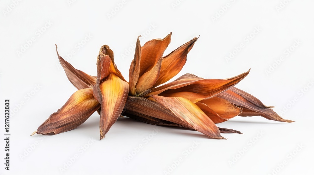 Poster Dried corn husks arranged artistically on white background with ample copy space for text placement