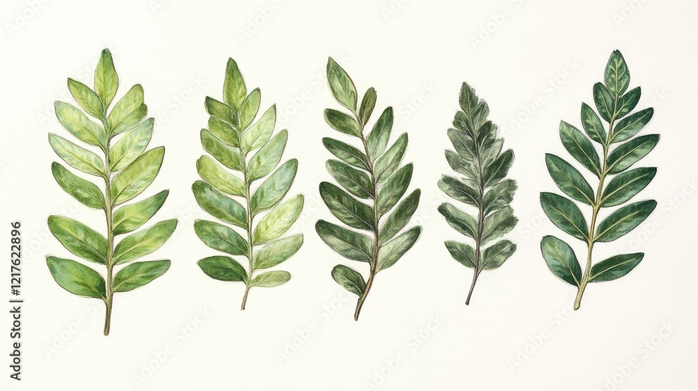 Poster set of five botanical illustrations of green leaves on a light background with copy space for text p