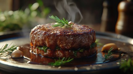 Juicy grilled beef burger on a dark plate with herbs and steam rising, Copy Space for text placement