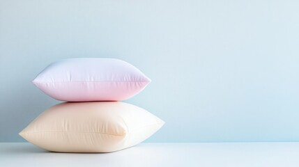 Fototapeta premium Two soft decorative pillows in pastel colors stacked on a clean wooden surface against a light blue wall with copy space.