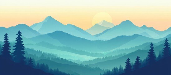 Mountain landscape with layered hills and trees at sunrise or sunset minimalistic design Copy Space