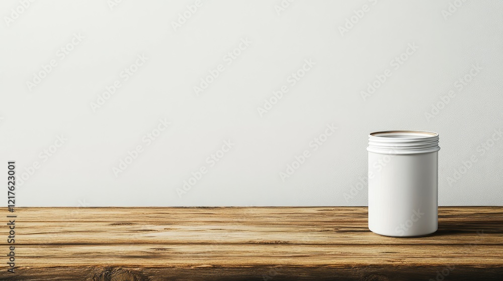 Poster white paint can on a wooden table with copy space for text on a neutral background