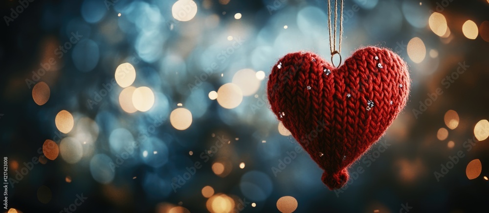 Poster red knitted heart ornament with bokeh effect and soft blue background featuring copy space for text 