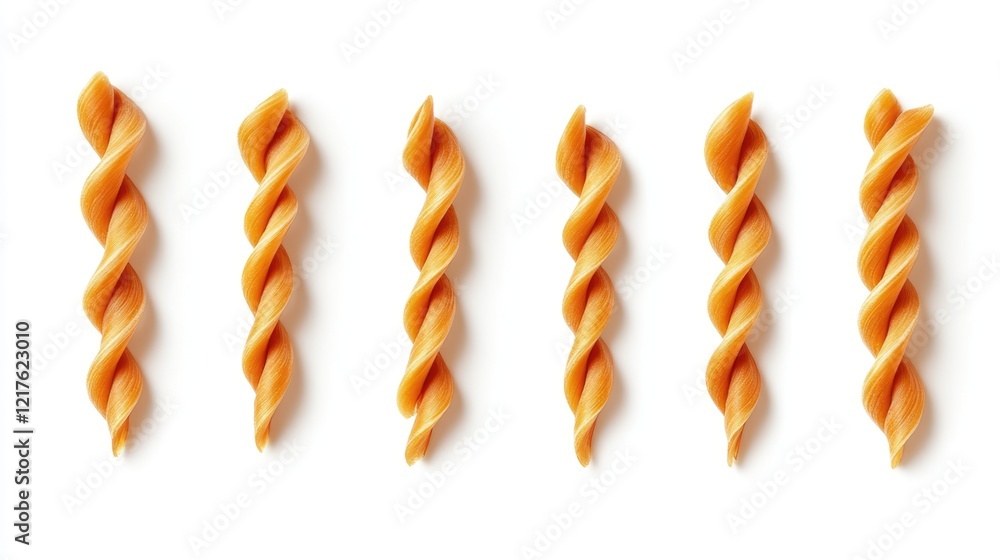 Poster dried uncooked fusilli pasta format arranged in a row on a white background with copy space