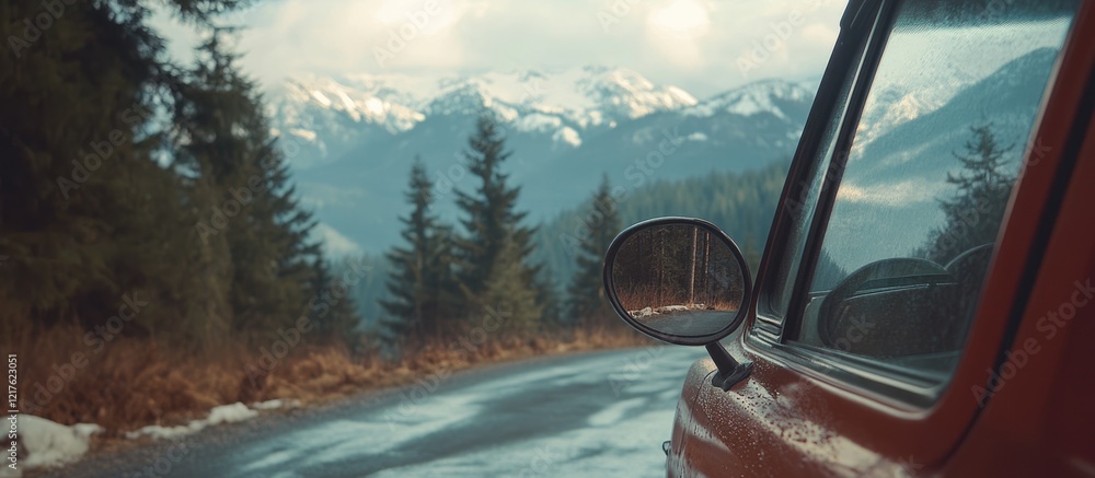 Poster scenic mountain view from a vehicle side mirror on a winding road with snowy peaks and evergreen tre