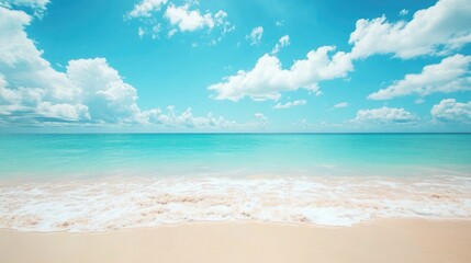 Calm tropical beach with soft waves, clear turquoise water, and fluffy clouds under a bright blue sky, featuring ample Copy Space.