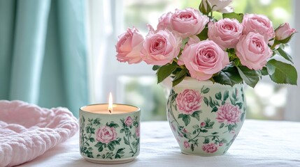 Pink roses in decorative vase with burning candle on table, soft fabric nearby, natural light from window, fresh and elegant home decor, Copy Space