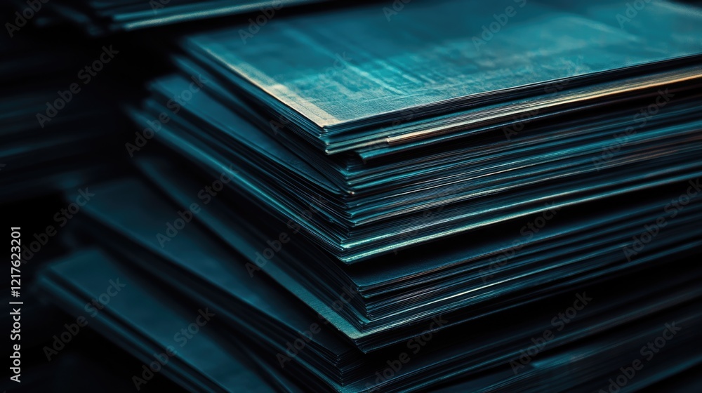 Poster stacks of printed sheets in shades of blue with texture and lines copy space