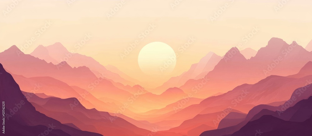 Poster sunset over a mountain range with layered peaks and soft gradient colors in the sky copy space