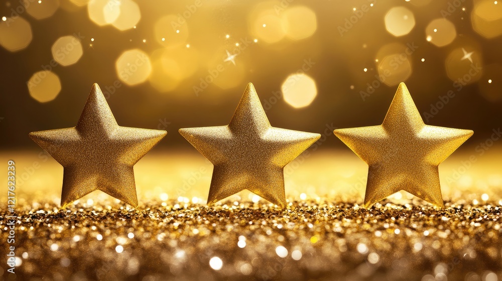 Poster three golden stars on a sparkling glitter background with soft bokeh lights and copy space for text.