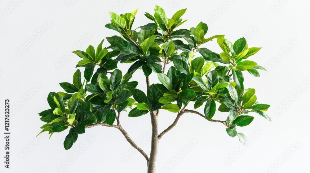 Poster artificial potted tree with lush green leaves and a simple trunk on white background with ample copy