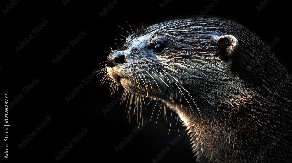 Poster otter close-up portrait against dark background displaying detailed fur texture and facial features 