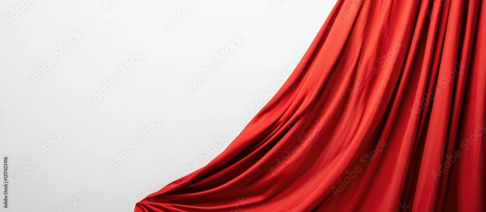 Poster red silk curtain draping with soft folds against a white background showcasing texture and sheen wit