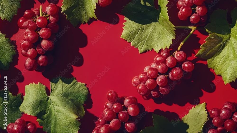 Poster red grapes with green leaves on a vibrant red background providing ample copy space for text placeme