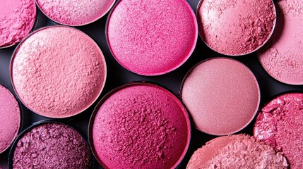 Colorful arrangement of pink makeup powders in circular containers on a dark background with copy space for text.