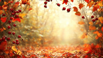 Autumn landscape with colorful leaves and berries framing a pathway in a forest during golden hour with soft sunlight Copy Space