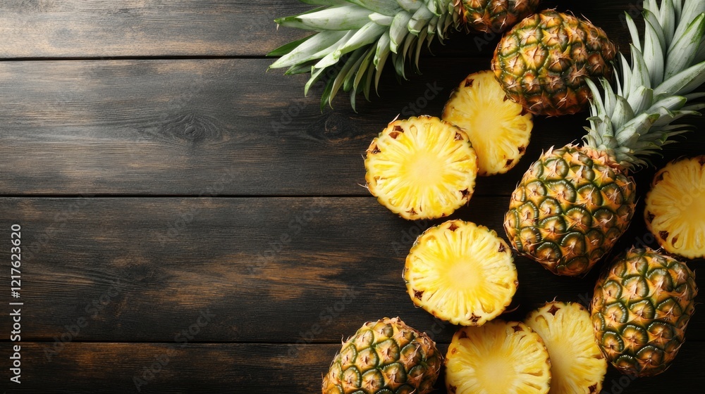 Poster fresh pineapples and pineapple slices arranged on a dark wooden background with ample copy space for