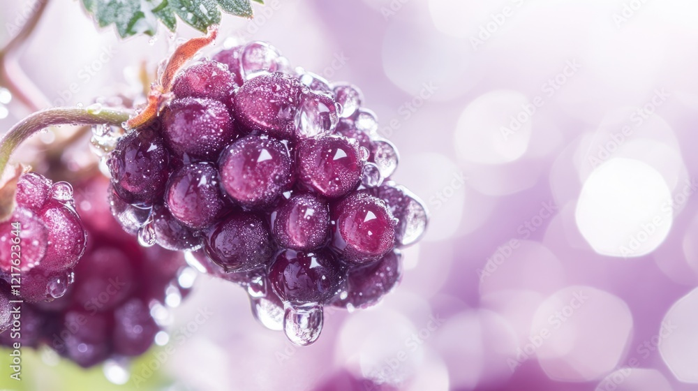 Poster freshly harvested ripe grapes covered in water droplets with a soft bokeh background suitable for te