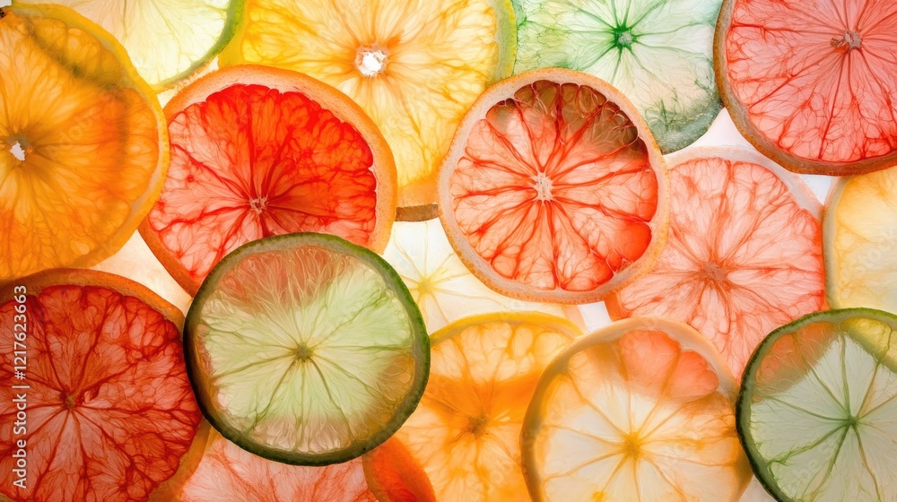 Aufkleber colorful slices of citrus fruits arranged on a light background with copy space for text placement.