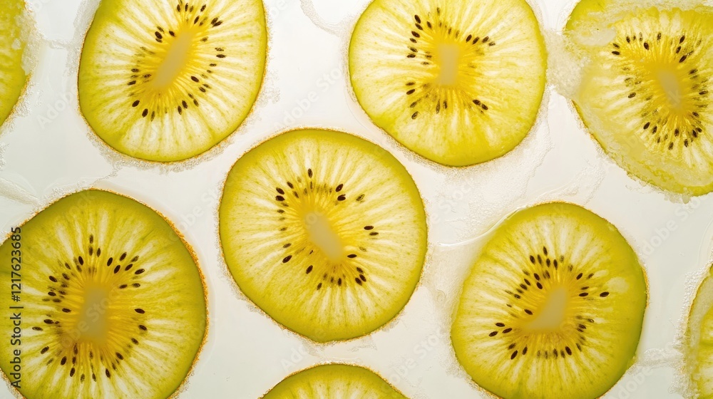 Poster sliced yellow kiwi fruit arranged on white background with copy space for text.