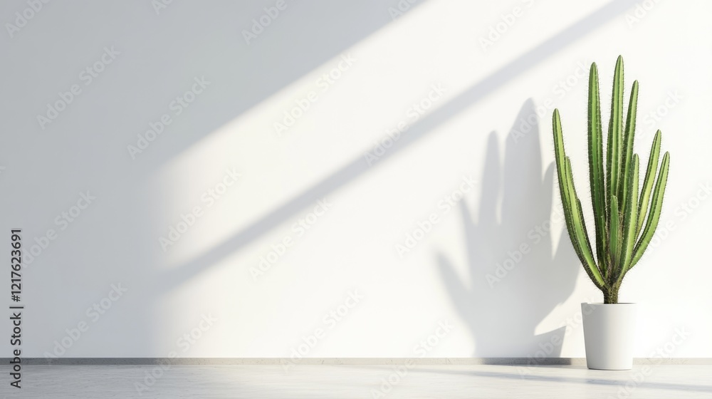 Aufkleber indoor setting with tall cactus in a white pot casting a shadow on a wall with natural light and amp