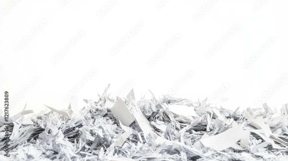 Aufkleber shredded paper pile on white background with ample copy space for text placement