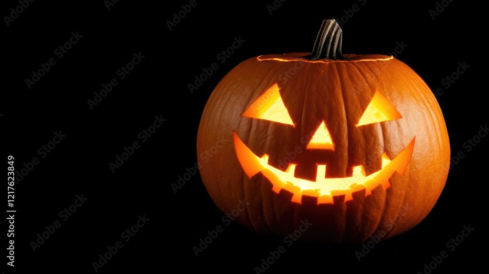 Poster carved pumpkin with a smiling face on a black background with copy space for text