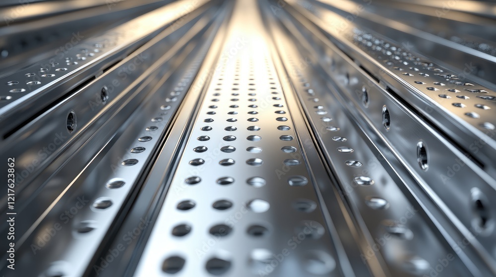 Poster metallic surface with perforated strips in perspective view reflecting light, copy space for text pl