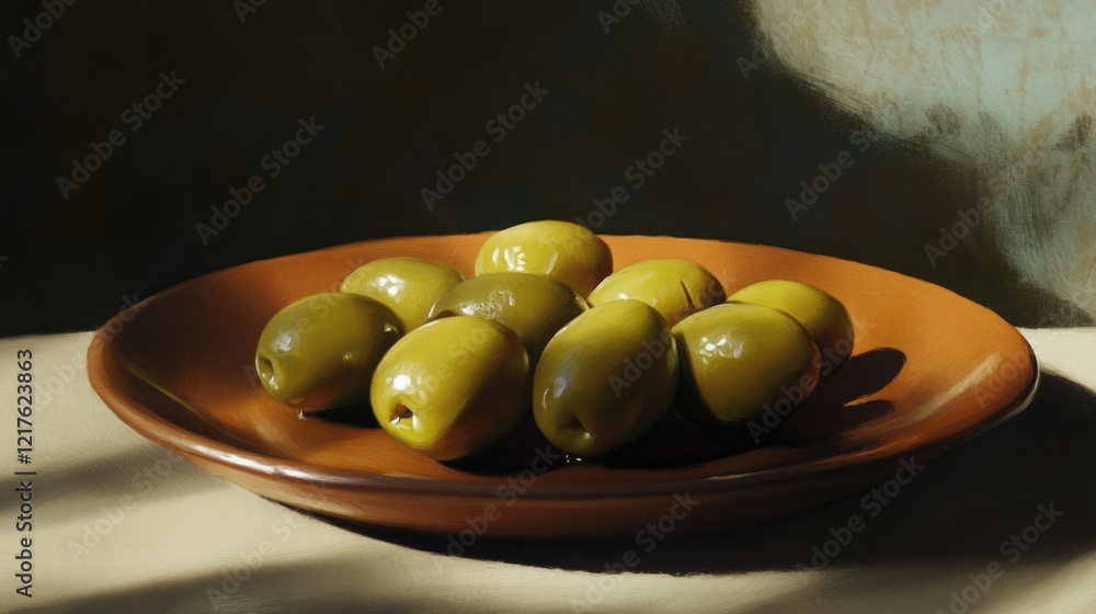 Poster olives on a brown plate with soft shadow and copy space for text